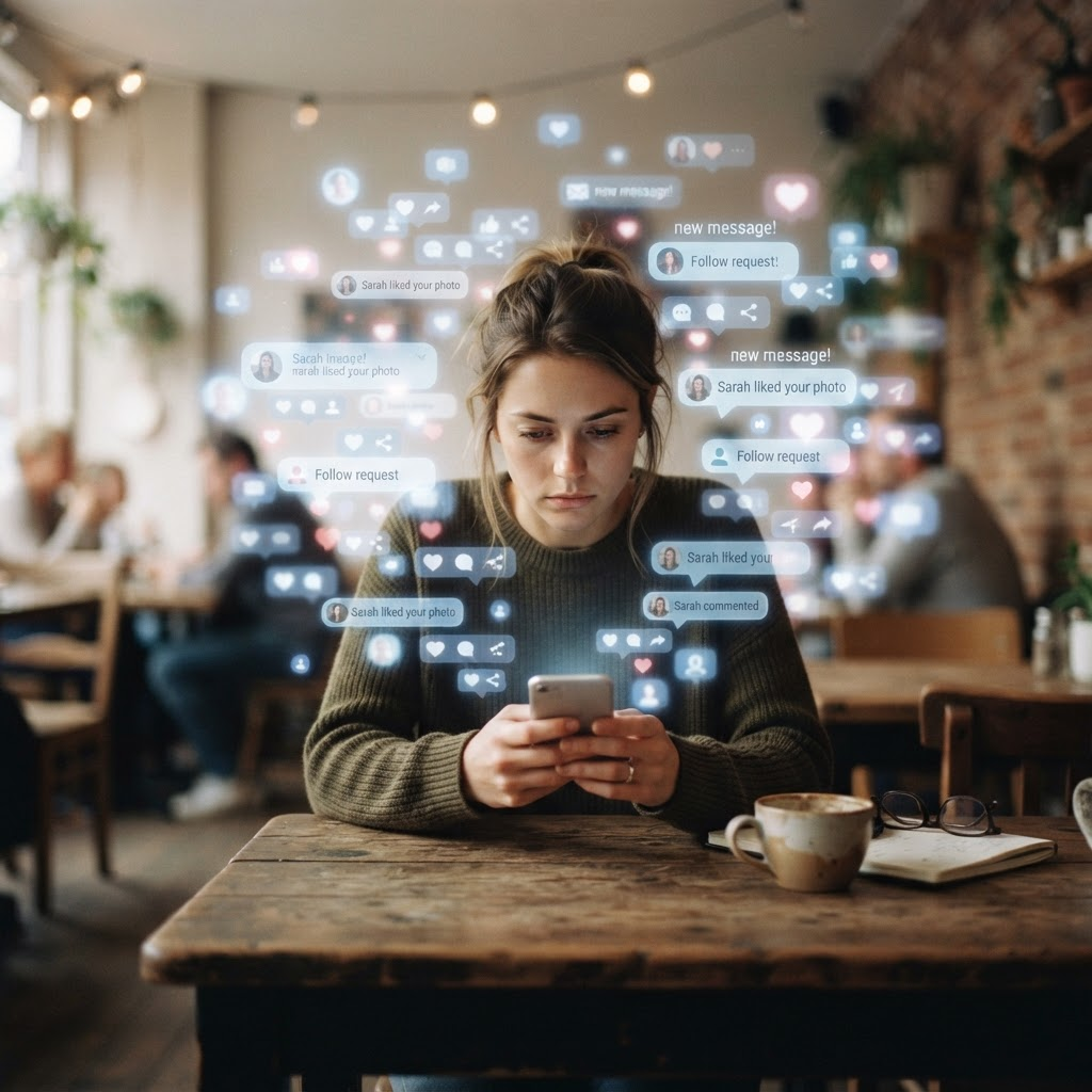 Persoon alleen met telefoon, omgeven door digitale verbinding maar emotioneel afstandelijk