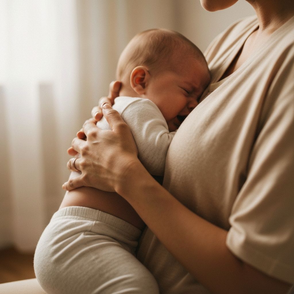 Ouder houdt huilende baby vast - begeleiding bij huilbaby's