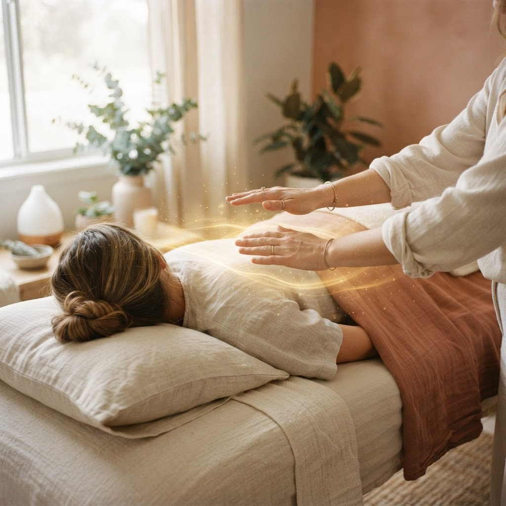 Handen die energie doorgeven tijdens een healingsessie